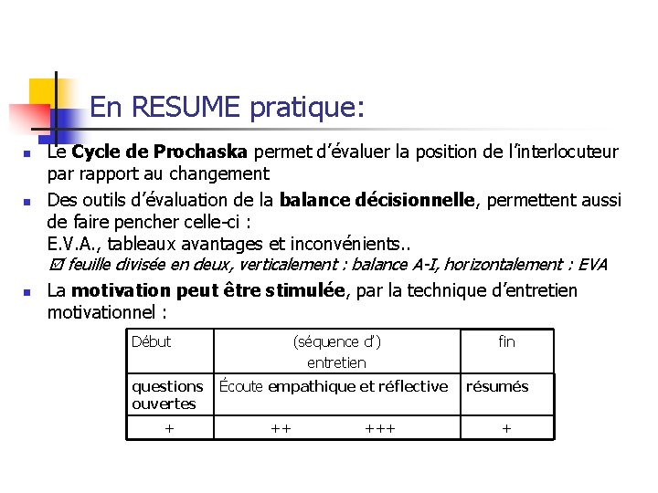 En RESUME pratique: n n n Le Cycle de Prochaska permet d’évaluer la position