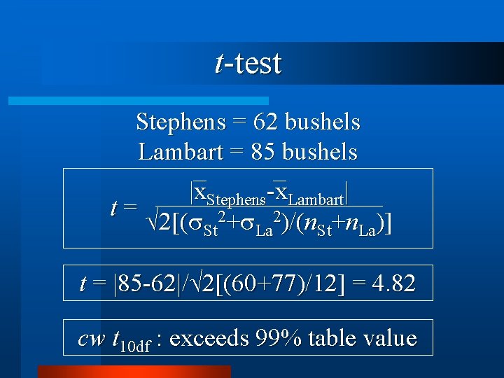 t-test Stephens = 62 bushels Lambart = 85 bushels |x. Stephens-x. Lambart| t= 2[(