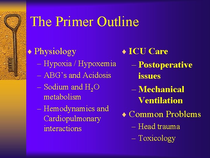 The Primer Outline ¨ Physiology ¨ ICU Care – Hypoxia / Hypoxemia – Postoperative
