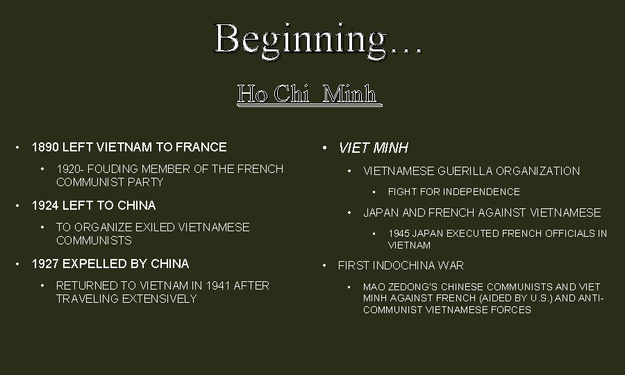 Beginning… Ho Chi Minh • 1890 LEFT VIETNAM TO FRANCE • • VIET MINH