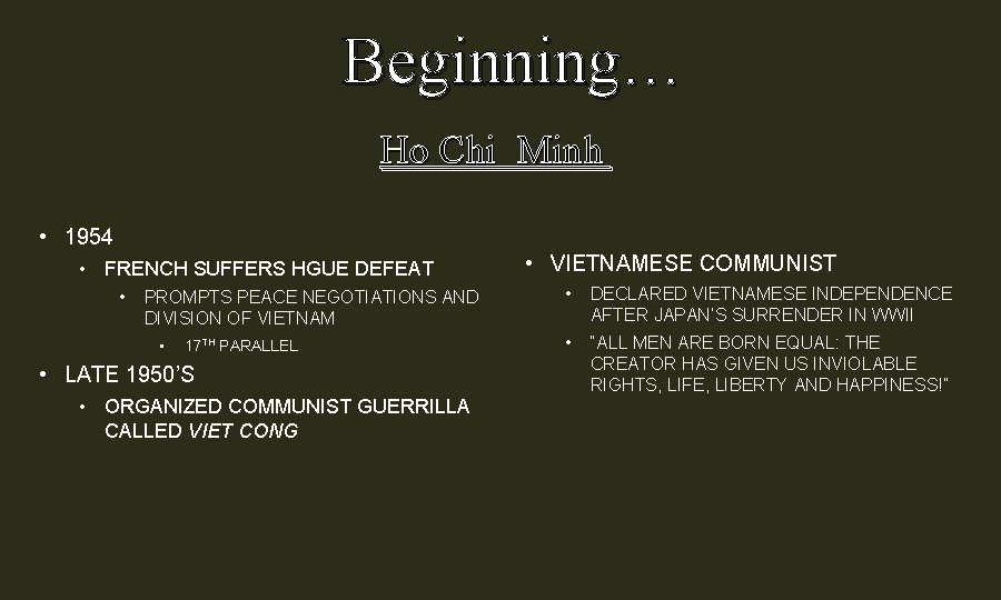 Beginning… Ho Chi Minh • 1954 • FRENCH SUFFERS HGUE DEFEAT • PROMPTS PEACE