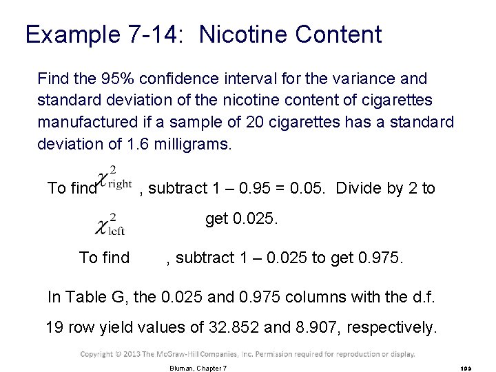 Example 7 -14: Nicotine Content Find the 95% confidence interval for the variance and