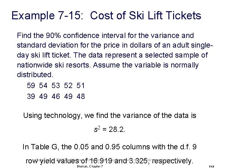 Example 7 -15: Cost of Ski Lift Tickets Find the 90% confidence interval for