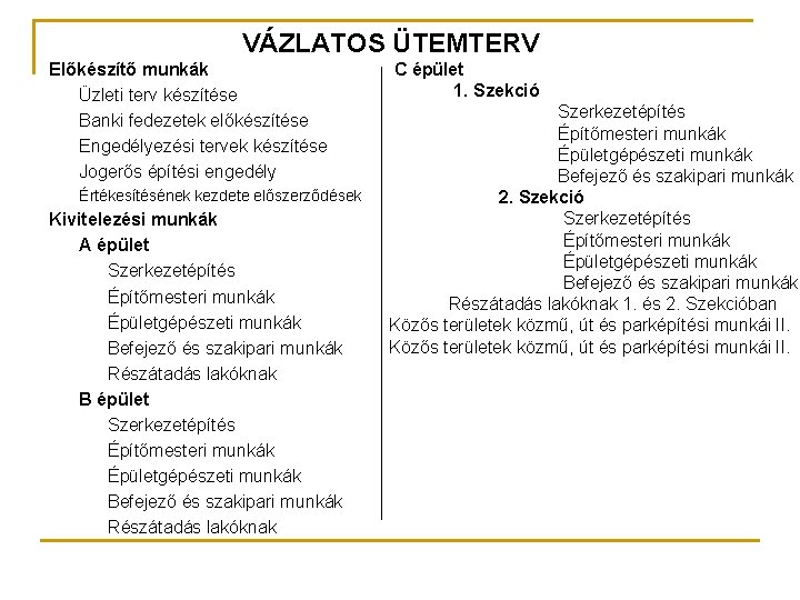 VÁZLATOS ÜTEMTERV Előkészítő munkák Üzleti terv készítése Banki fedezetek előkészítése Engedélyezési tervek készítése Jogerős