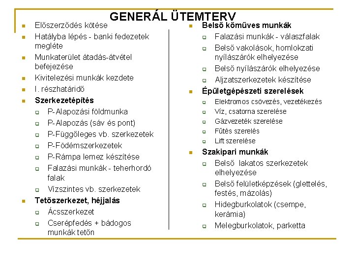 n n n n GENERÁL ÜTEMTERV Előszerződés kötése Hatályba lépés - banki fedezetek megléte