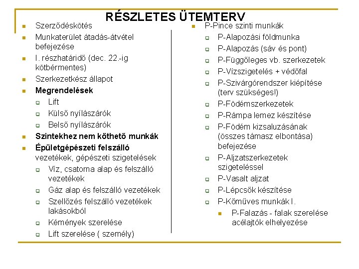 n n n n RÉSZLETES ÜTEMTERV Szerződéskötés Munkaterület átadás-átvétel befejezése I. részhatáridő (dec. 22.