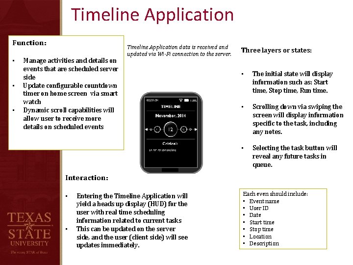 Timeline Application Function: • • • Manage activities and details on events that are