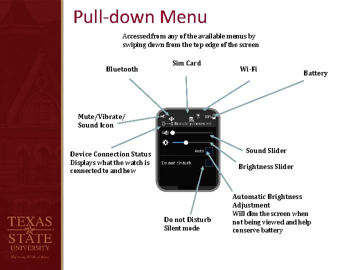 Pull-down Menu Accessed from any of the available menus by swiping down from the