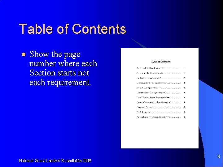 Table of Contents l Show the page number where each Section starts not each