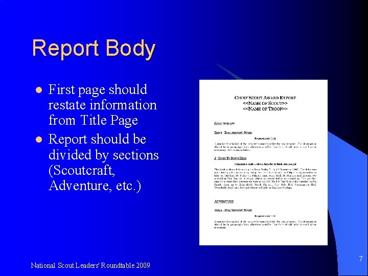 Report Body l l First page should restate information from Title Page Report should