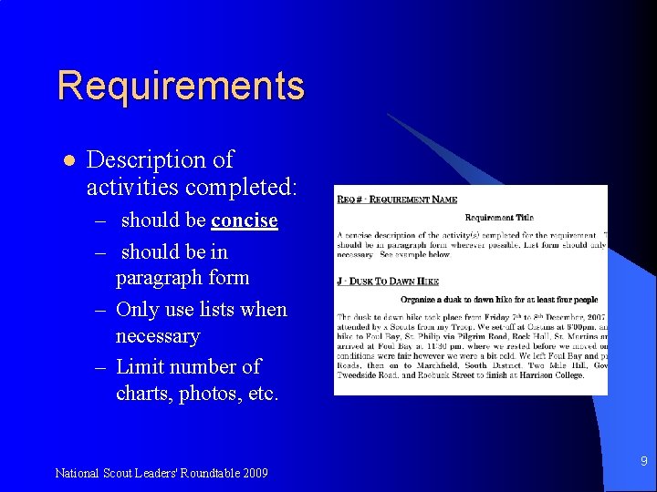 Requirements l Description of activities completed: – should be concise – should be in