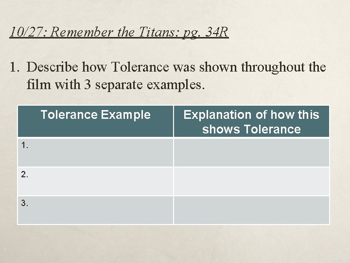 10/27: Remember the Titans: pg. 34 R 1. Describe how Tolerance was shown throughout