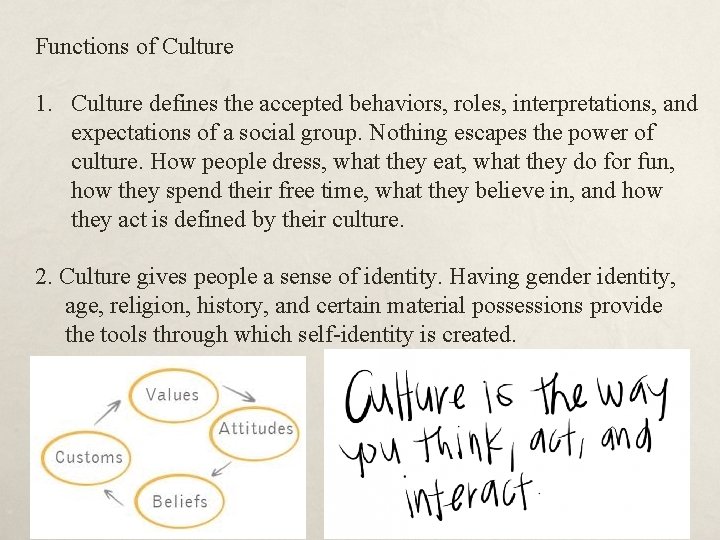 Functions of Culture 1. Culture defines the accepted behaviors, roles, interpretations, and expectations of