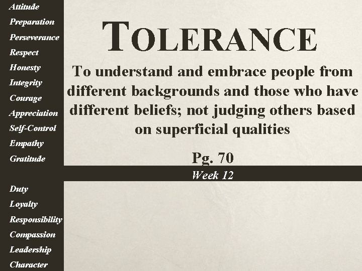 Attitude Preparation Perseverance Respect Honesty Integrity Courage Appreciation Self-Control TOLERANCE To understand embrace people