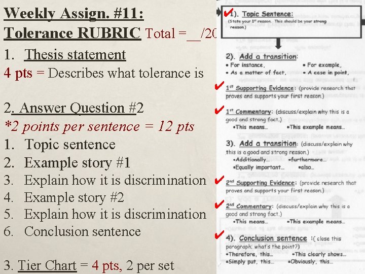✔ Weekly Assign. #11: Tolerance RUBRIC Total =__/20 1. Thesis statement 4 pts =