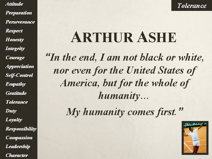 Attitude Tolerance Preparation Perseverance Respect Honesty Integrity Courage Appreciation Self-Control Empathy Gratitude Tolerance Duty