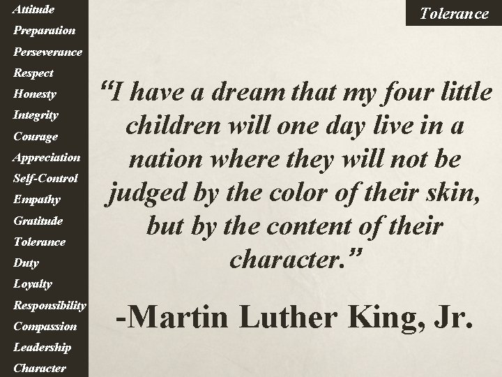 Attitude Tolerance Preparation Perseverance Respect Honesty Integrity Courage Appreciation Self-Control Empathy Gratitude Tolerance Duty