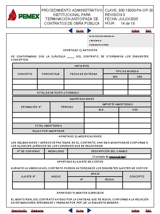 PROCEDIMIENTO ADMINISTRATIVO INSTITUCIONAL PARA TERMINACIÓN ANTICIPADA DE CONTRATOS DE OBRA PÚBLICA CLAVE: 800 -18000 PROCEDIMIENTO ADMINISTRATIVO INSTITUCIONAL PARA TERMINACIÓN ANTICIPADA DE CONTRATOS DE OBRA PÚBLICA CLAVE: 800 -18000