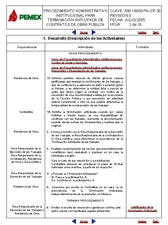 PROCEDIMIENTO ADMINISTRATIVO INSTITUCIONAL PARA TERMINACIÓN ANTICIPADA DE CONTRATOS DE OBRA PÚBLICA CLAVE: 800 -18000 PROCEDIMIENTO ADMINISTRATIVO INSTITUCIONAL PARA TERMINACIÓN ANTICIPADA DE CONTRATOS DE OBRA PÚBLICA CLAVE: 800 -18000