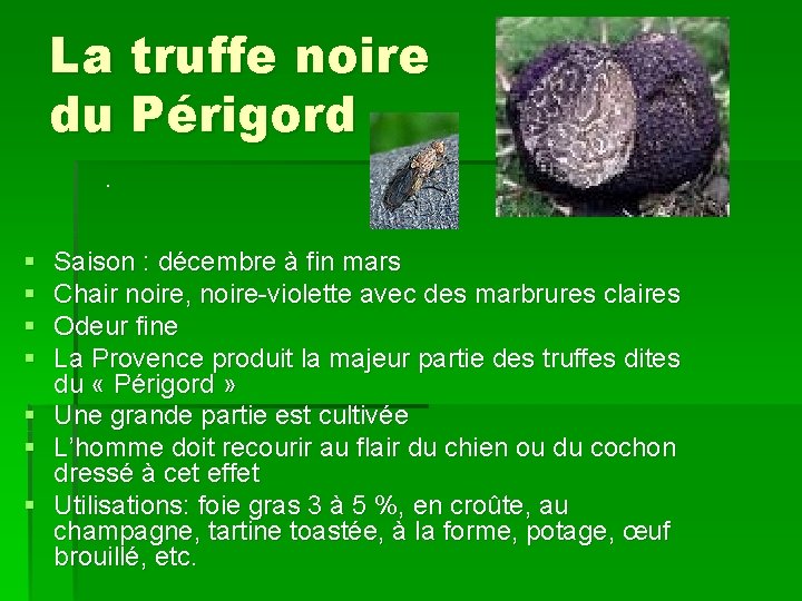 La truffe noire du Périgord. § § Saison : décembre à fin mars Chair