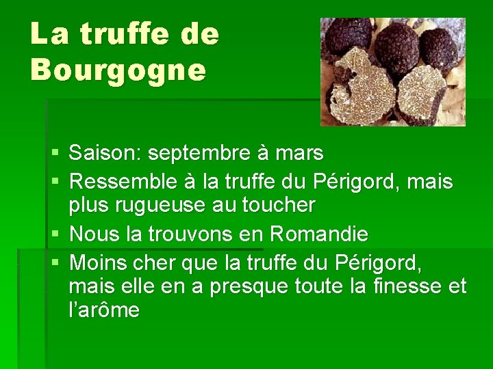 La truffe de Bourgogne § Saison: septembre à mars § Ressemble à la truffe