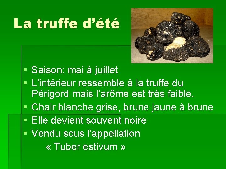 La truffe d’été § Saison: mai à juillet § L’intérieur ressemble à la truffe