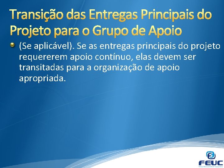 (Se aplicável). Se as entregas principais do projeto requererem apoio contínuo, elas devem ser