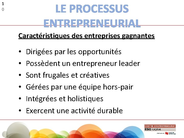 LE PROCESSUS ENTREPRENEURIAL 1 0 Caractéristiques des entreprises gagnantes • • • Dirigées par