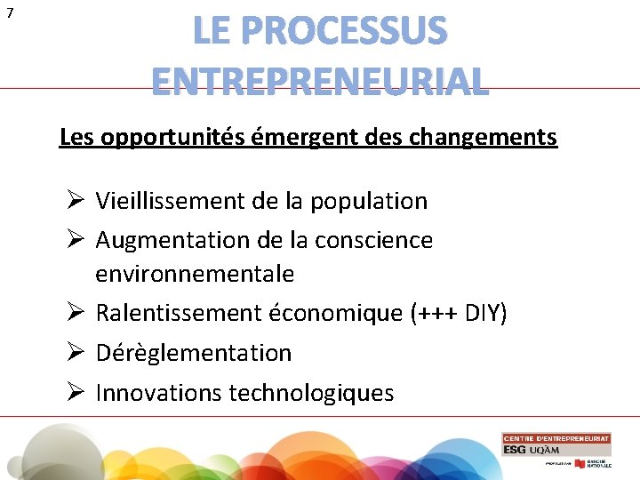 LE PROCESSUS ENTREPRENEURIAL 7 Les opportunités émergent des changements Ø Vieillissement de la population