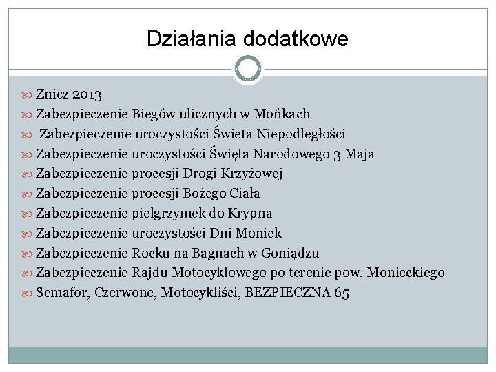 Działania dodatkowe Znicz 2013 Zabezpieczenie Biegów ulicznych w Mońkach Zabezpieczenie uroczystości Święta Niepodległości Zabezpieczenie