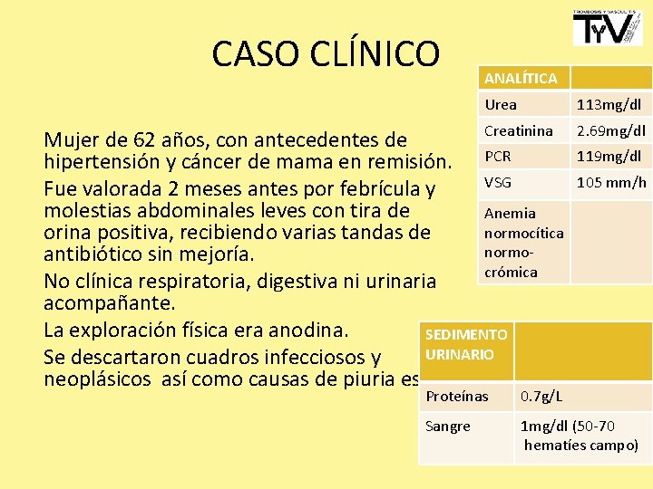 CASO CLÍNICO ANALÍTICA Urea 113 mg/dl Creatinina Mujer de 62 años, con antecedentes de