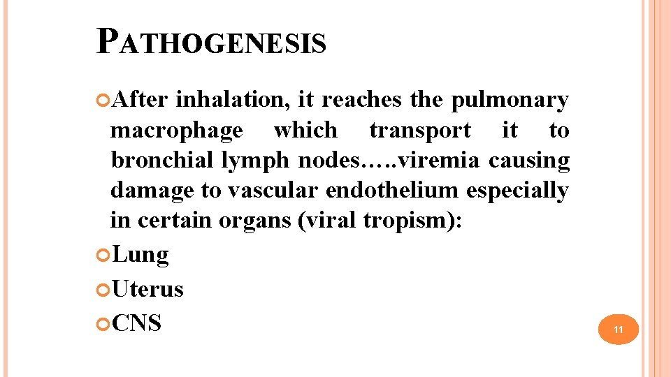 PATHOGENESIS After inhalation, it reaches the pulmonary macrophage which transport it to bronchial lymph