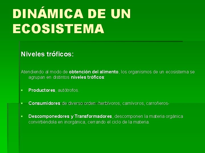DINÁMICA DE UN ECOSISTEMA Niveles tróficos: Atendiendo al modo de obtención del alimento, los