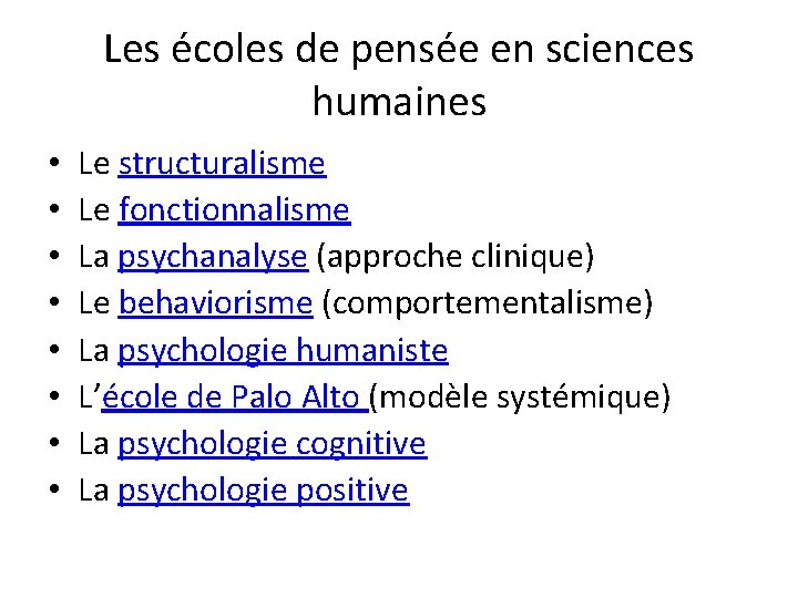 Les écoles de pensée en sciences humaines • • Le structuralisme Le fonctionnalisme La