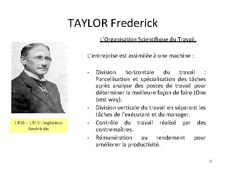 TAYLOR Frederick L’Organisation Scientifique du Travail. L’entreprise est assimilée à une machine : -