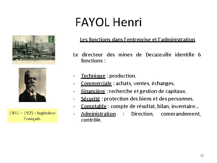 FAYOL Henri Les fonctions dans l’entreprise et l’administration Le directeur des mines de Decazeville