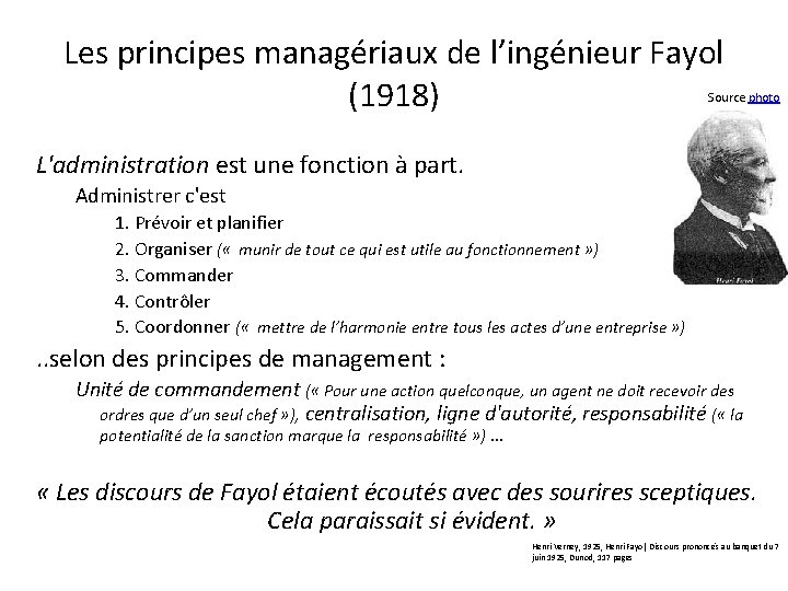 Les principes managériaux de l’ingénieur Fayol (1918) Source photo L'administration est une fonction à