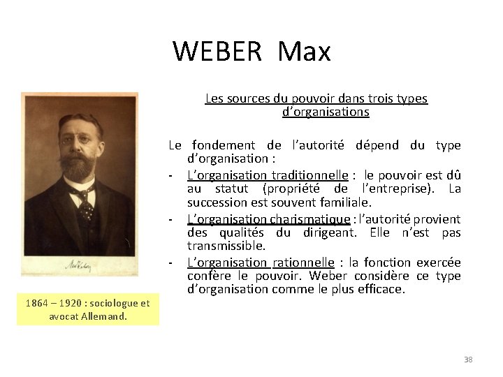 WEBER Max Les sources du pouvoir dans trois types d’organisations 1864 – 1920 :