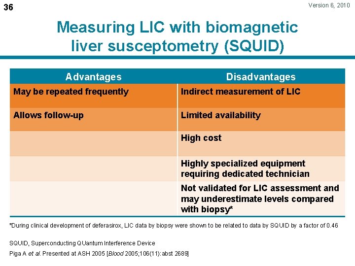 Version 6, 2010 36 Measuring LIC with biomagnetic liver susceptometry (SQUID) Advantages Disadvantages May