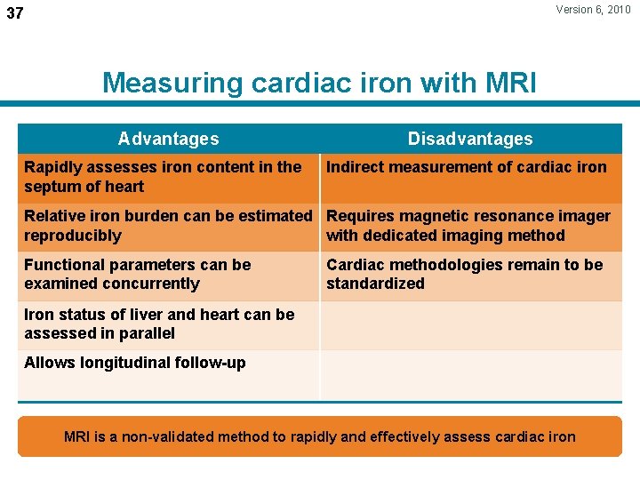 Version 6, 2010 37 Measuring cardiac iron with MRI Advantages Rapidly assesses iron content