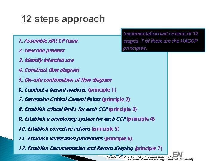 12 steps approach 1. Assemble HACCP team 2. Describe product Implementation will consist of