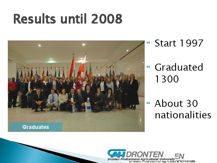 Results until 2008 Graduates Start 1997 Graduated 1300 About 30 nationalities 