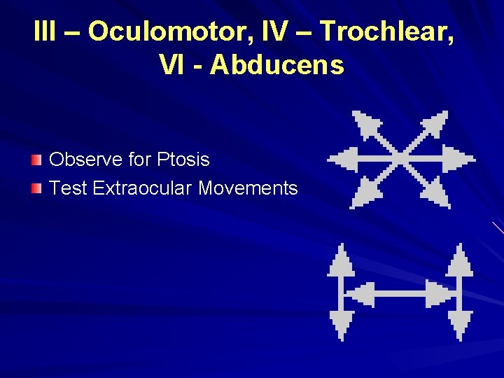 III – Oculomotor, IV – Trochlear, VI - Abducens Observe for Ptosis Test Extraocular III – Oculomotor, IV – Trochlear, VI - Abducens Observe for Ptosis Test Extraocular