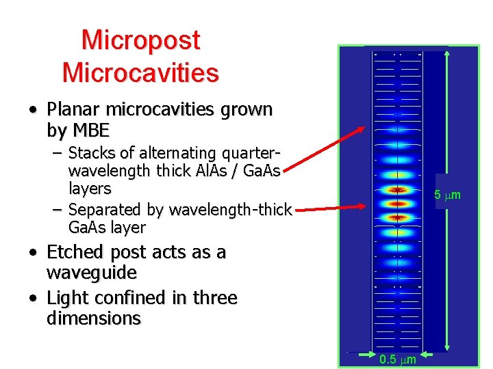 Micropost Microcavities • Planar microcavities grown by MBE – Stacks of alternating quarterwavelength thick