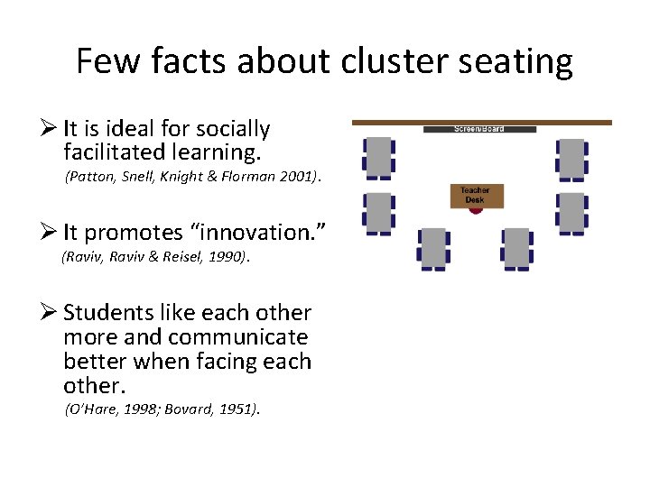 Few facts about cluster seating Ø It is ideal for socially facilitated learning. (Patton,