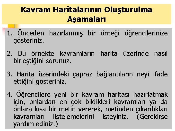Kavram Haritalarının Oluşturulma Aşamaları 1. Önceden hazırlanmış bir örneği öğrencilerinize gösteriniz. 2. Bu örnekte