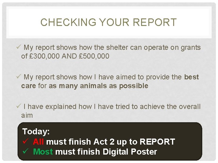 CHECKING YOUR REPORT ü My report shows how the shelter can operate on grants