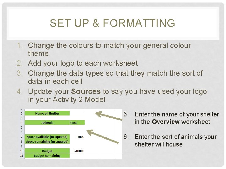 SET UP & FORMATTING 1. Change the colours to match your general colour theme