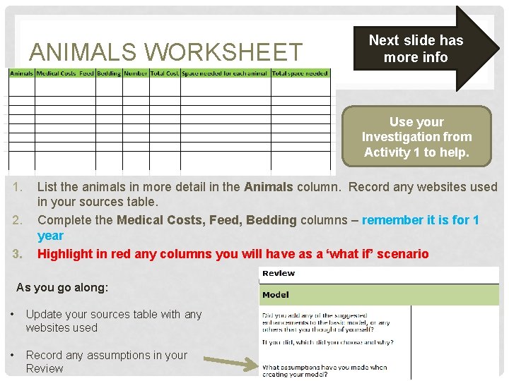 ANIMALS WORKSHEET Next slide has more info Use your Investigation from Activity 1 to