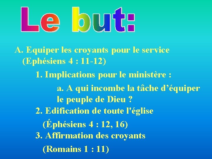 A. Equiper les croyants pour le service (Ephésiens 4 : 11 -12) 1. Implications A. Equiper les croyants pour le service (Ephésiens 4 : 11 -12) 1. Implications
